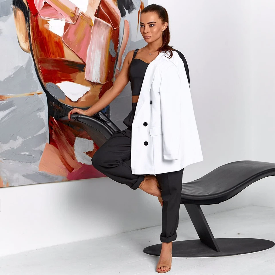 Traje de empalme negro para mujer chal solapa doble pecho informal trajes de oficina Foto 4 de 4