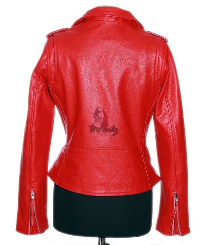 Ladies BRANDO RED Cowhide Biker Style Motorcycle Motorbike Real Leather Jacket - Picture 6 of 13