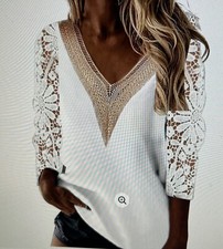 Womens V Neck Lace 3/4 Sleeve Tops Solid Color Dressy Casual Eyelet Shirt