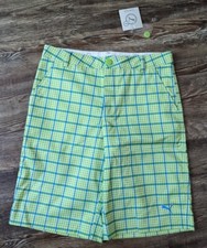 NWT Puma Cell Plaid Tech shorts JR boys lime green blue plaid golf shorts Large
