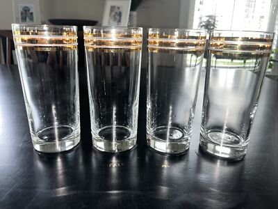 4 Vintage Culver Gold 3 Stripe MCM  Old Fashion Drinking Glasses