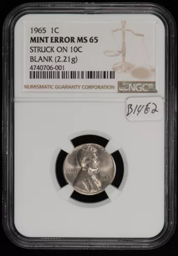 Mint Error 1965 1c Struck on 10c Dime Blank 2.21 g - NGC MS 65 - SKU-B1462