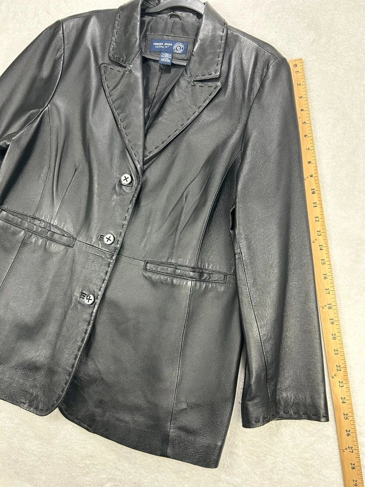 Chaqueta Blazer Venezia Jeans Cuero Genuino Mujer 18/20 Negra Forrada con 3 Botones Foto 4 de 4