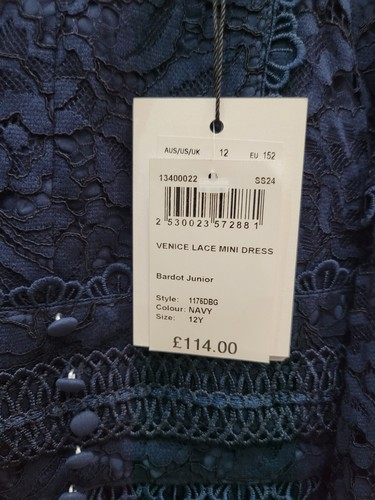 Bardot Mini Abito Bambina Pizzo Blu Navy Venezia Designer Monna 12 Anni - Foto 4 di 11