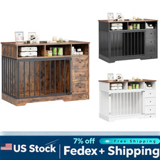 48'' Dog Crate Furniture with 3 Drawers, Wooden Dog Cage  Pull-Out Dog Bowl