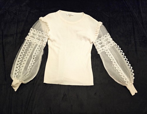 Siani Milano Lace Puff Sleeve Off White Sweater Women's Medium Boho Chic Glam