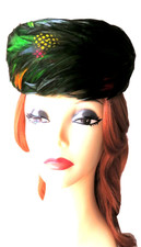 Feather Pillbox Hat Jewel-Tone Green Misc Other Color Flashes, Union Made OS