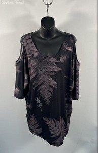 Kini Zamora Women's Black Fern Print Cold Shoulder Blouse Made in Hawaii Sz L