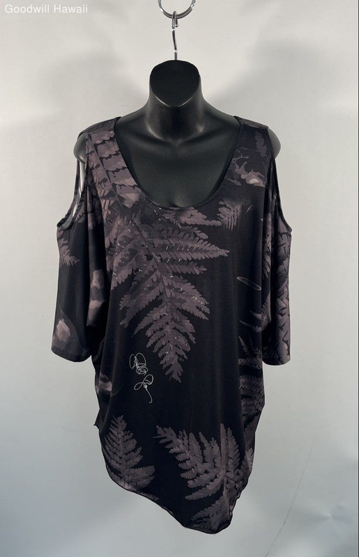 Kini Zamora Women's Black Fern Print Cold Shoulder Blouse Made in Hawaii Sz L