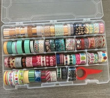 Lot of 82 Rolls of WASHI TAPE, Storage Container And Tape Dispenser