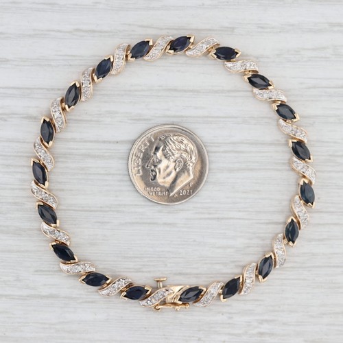 6.69ctw Zafiro Azul Diamante Borde Filetes Tenis Pulsera 14k Oro Amarillo 17.1cm - Imagen 5 de 7