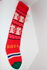 Knit Christmas Stocking Red Noel Cats Pattern with Pom Poms Large Holiday Decor