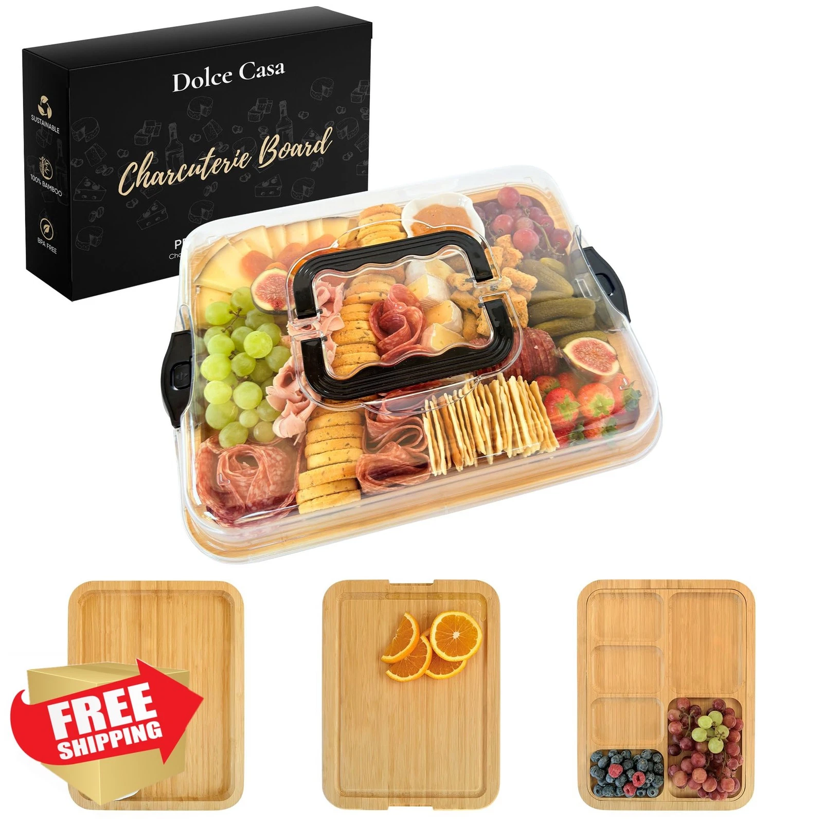 Dolce Casa Bamboo Charcuterie Board w/ Lid Snack Tray Cheese Fruit