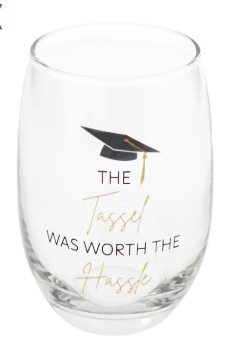 Graduation Tassel Stemless Wine Glass 15.5 oz Fun Grad Gift