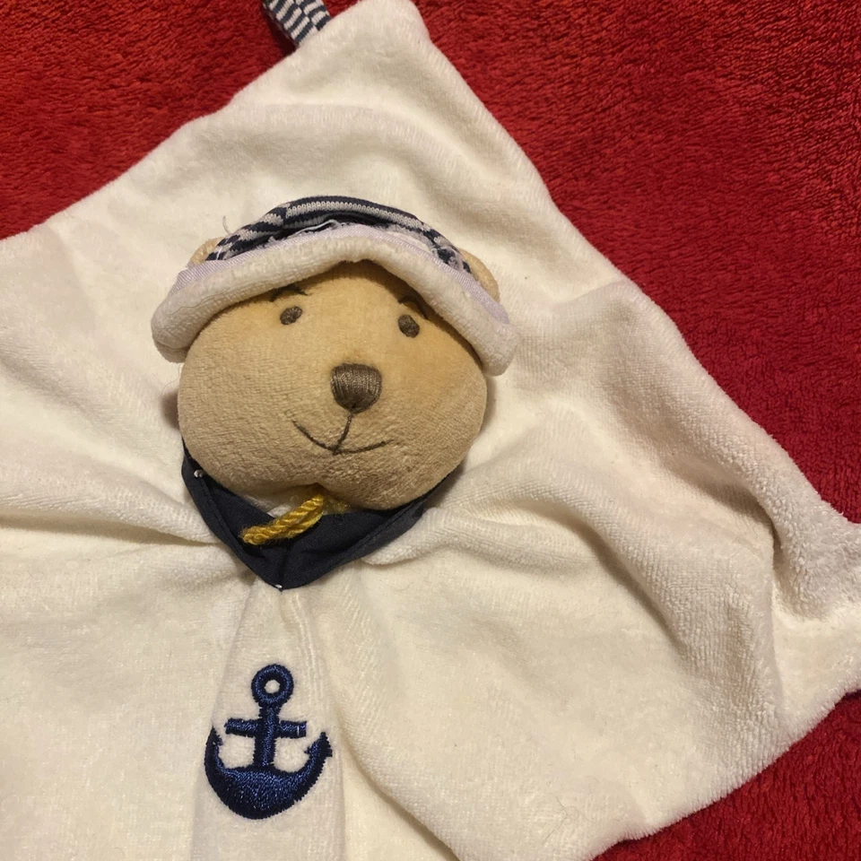 🇫🇷 Doudou et Compagnie Ours Bonnet Marin Carré Ecru Ancre Bleu TBE - Photo 3/4