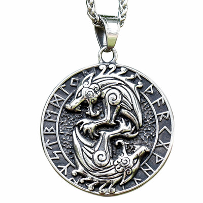 Wikinger Wolf Anhänger Halskette für Männer rund ethnisch nordisch Rune Amulett Kreis 1129