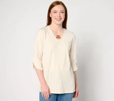 Denim & Co. Women's Top Sz L Texture Knit -Sleeve Tunic w/ Yellow A650598