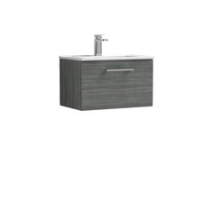 Image of Nuie Arno Anthracite Woodgrain 600mm Wall Hung Single Drawer Vanity Unit and Min