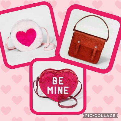 NWT Cat & Jack Girls Valentines Day Pink Furry Heart Crossbody Purse Bag Be Mine