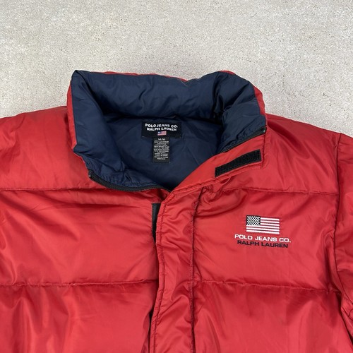 Vintage 2000’s POLO JEANS CO Ralph Lauren Red Down Fill USA Flag Puffer Jacket M - Picture 2 of 18