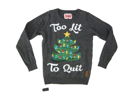 TIPSY ELVES Real Xmas Lights TOO LIT TO QUIT CHRISTMAS SWEATER Ugly Party Men S