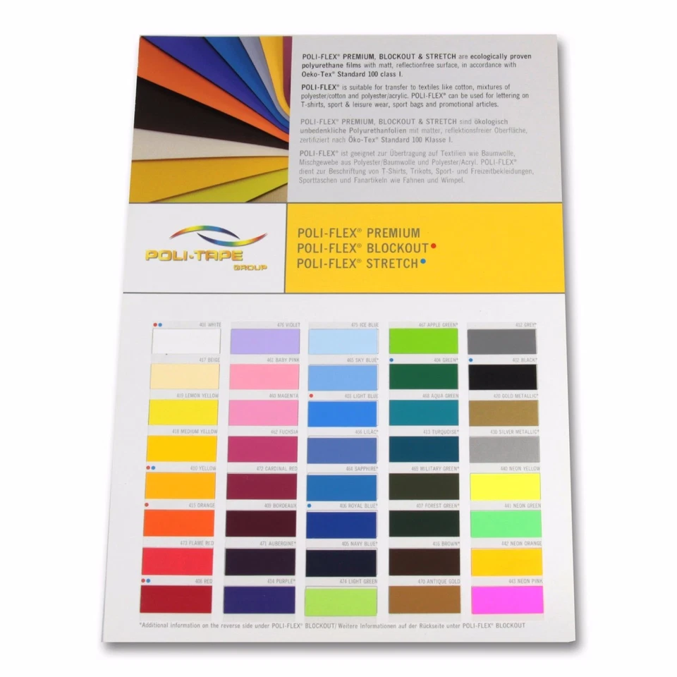 POLI TAPE Farbkarte POLI-FLEX PREMIUM FLEXFOLIE Farbfächer T-shirt Folie Bügel-Folie