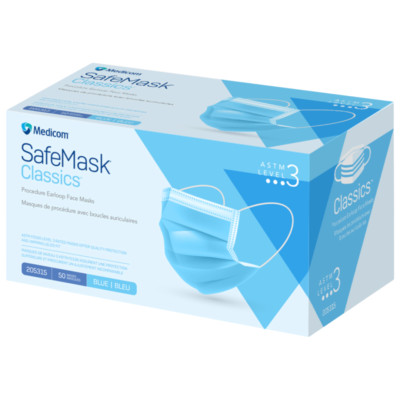 Medicom SafeMask Classic Blue Earloop Face Masks, ASTM Level 3 - Box of 50 Masks