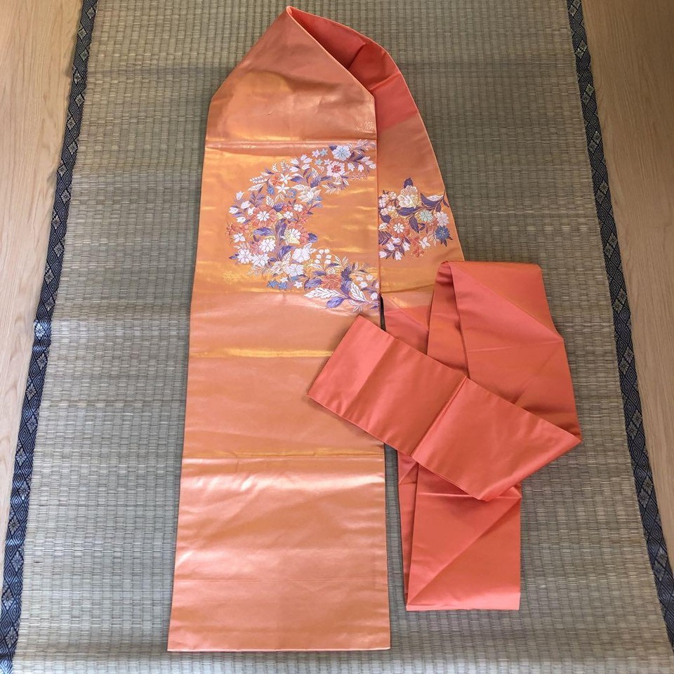 Nagoya Obi Kimono Pure Silk Flower Pattern Orange Brocade eBay