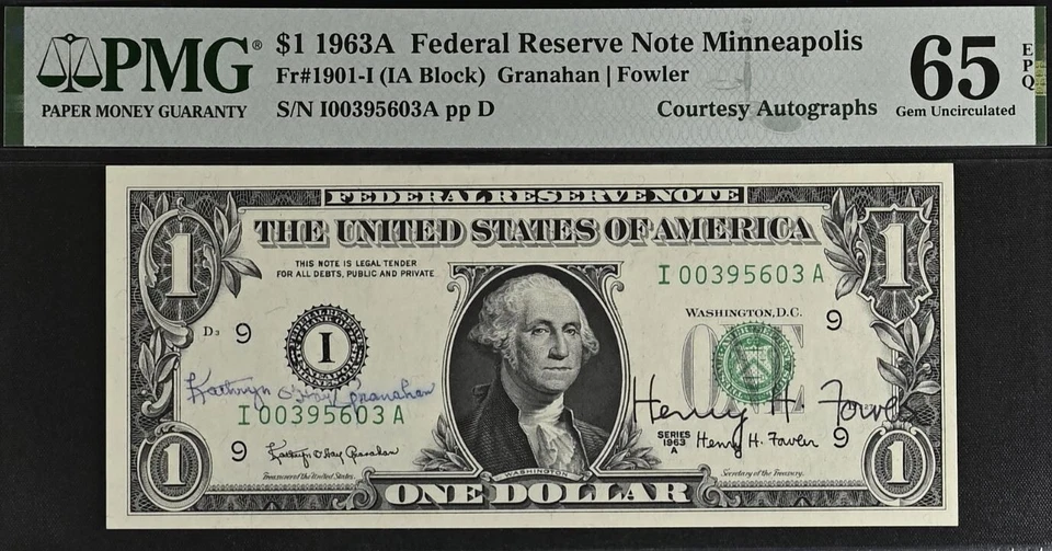 1963A $1 Federal Reserve Note PMG 65EPQ Dual Autograph Granaha Fowler - Image 2 of 3