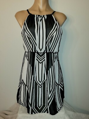 Cache Medium? Black White Chic Abstract Ruched Waist Sleeveless Blouse Top