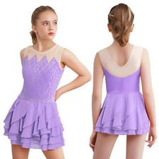 Kids Girls Sparkly Figure Skating Dress Sleeveless Ruffle Tiered Dress Dancewear