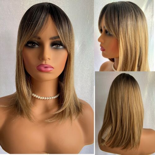 Shoulder Length Straight Dark Roots Blonde Mix Human Hair Blend Heat Ok Wig Soft - Picture 1 of 13