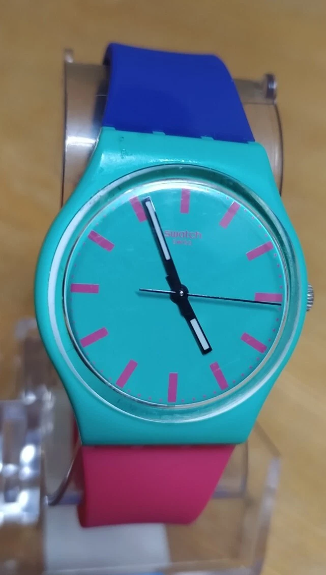 SWATCH SHUNBUKIN GG215 minimalist aqua blue pink watch RARE Free UK P P