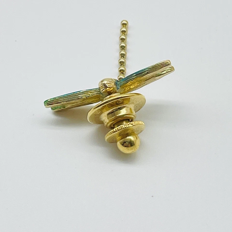 AVON Green Dragonfly Tie Tack Lapel Pin Gold Tone Ball Chain Body Insect - Image 3 of 4