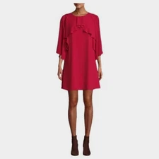 HALSTON HERITAGE Cascading Ruffle Keyhole Ties Holiday Comfy Shift Dress XL Red