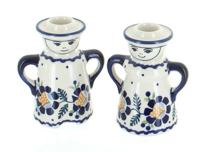 Blue Rose Polish Pottery Sunflower Lady & Man Candlestick Holders