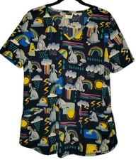 Disney Ladies Eeyore Scrub Top With Pockets Cloudy Rainbow Blue Womens Sz M