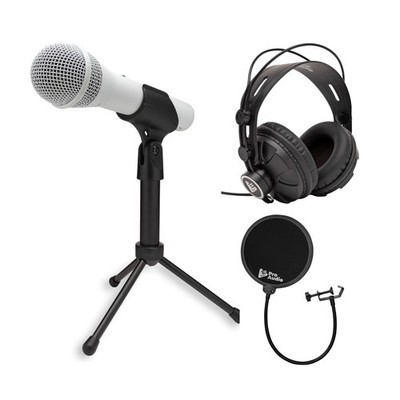 Samson Q2U USB and XLR Handheld White Dynamic Microphone and Headphones Bundle