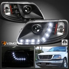 Black Fits 1997-2003 Ford F150 Expedition LED Strip Projector Headlights Lamps