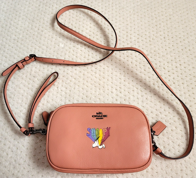 NWT Coach x Peanuts Melon Pink Rainbow Snoopy Crossbody Clutch