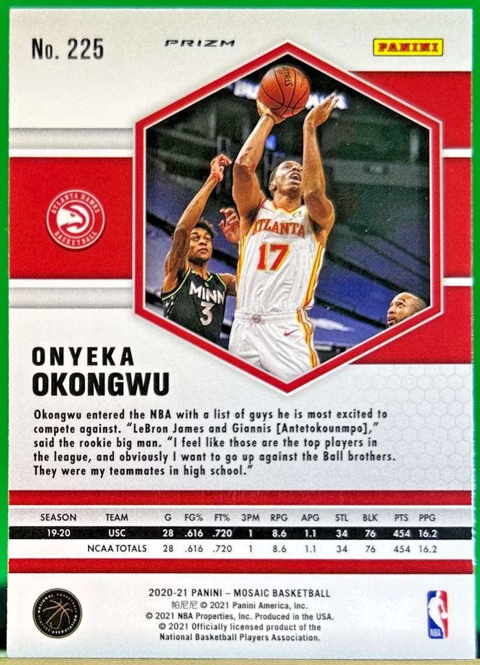 2020-21 Panini Mosaic Onyeka Okongwu SSP Genesis Prizm Rookie RC #225 Hawks N5 - Image 2 of 3