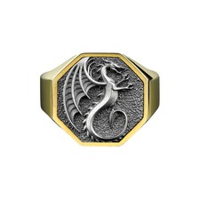 Winged Dragon Gold Plated Silver Ring, Mythology Hexagon Men Gift Jewelry