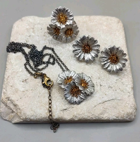 Vintage Italy Sterling Silver Flower Necklace Earrings Ring Jewelry Set