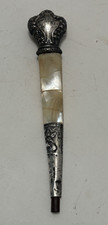 Antique Sterling Silver Parasol Cane Handle Mother of Pearl Victorian Embossed