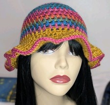 Handmade Crochet Bucket Hat Ruffle Brim Golden Yellow Multicolor   Acrylic Yarn