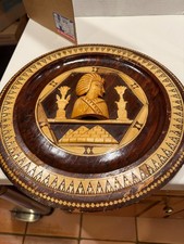 VINTAGE EGYPTIAN WOOD & MOTHER OF PEARL INLAY WOODEN PLATE 13.5"D 3D SOME DAMAGE