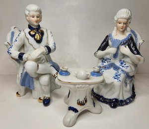 Lot of 3 Deville Colonial Lady & Gentleman Figurines 3 1/2 - 7 1/2"  w/Tea Table