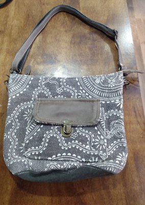 MYRA BAG UPCYCLED CANVAS & LEATHER SHOULDER CROSSBODY BAG PURSE BROWN GRAY