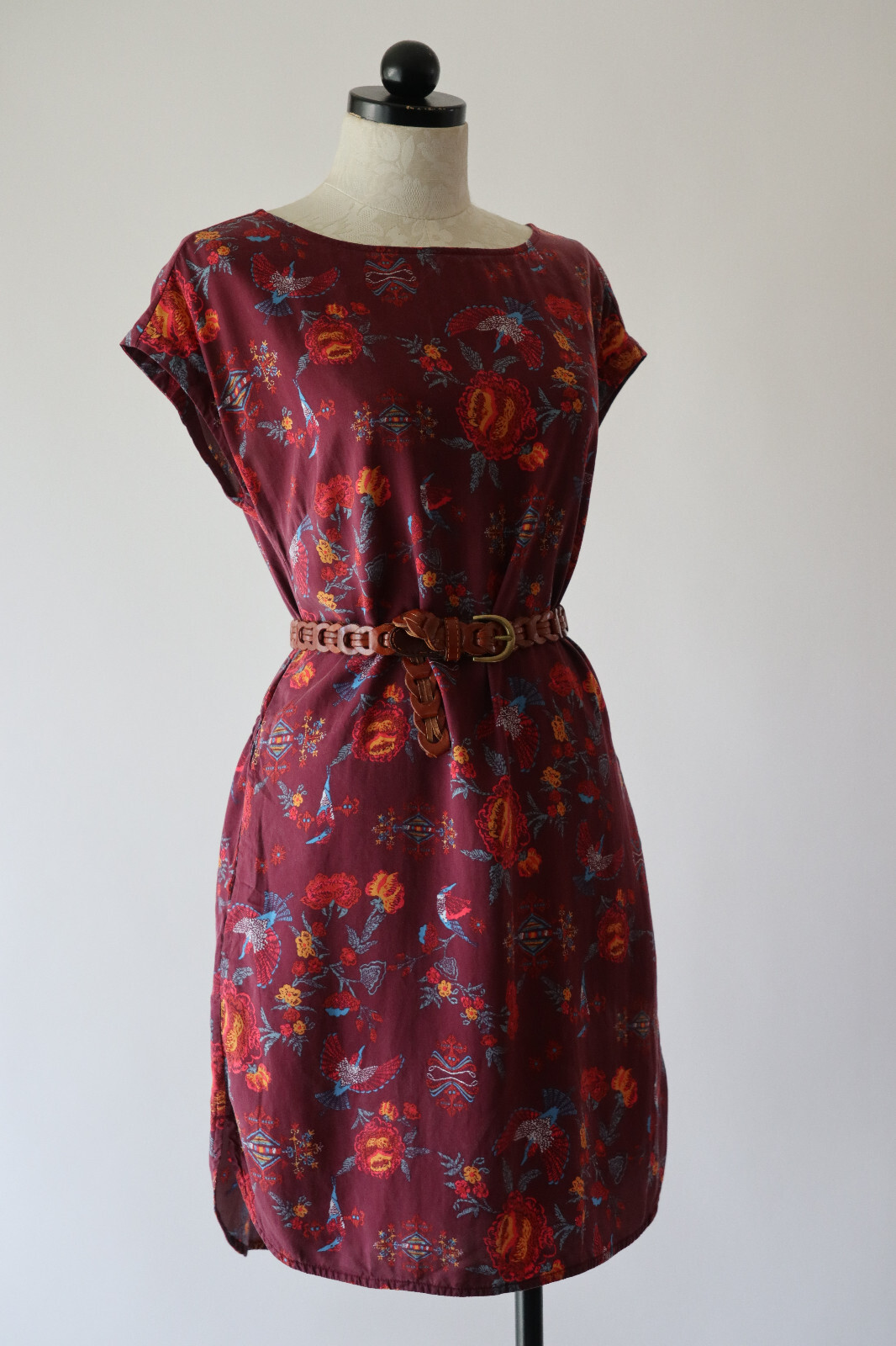 Patagonia Worn Wear Burgundy Colorful Lyocell Floral Bird Print Dress Women S thumbnail 7