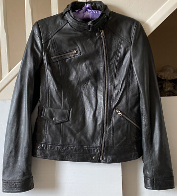 M&S Autograph black side zip biker style Real leather jacket, size